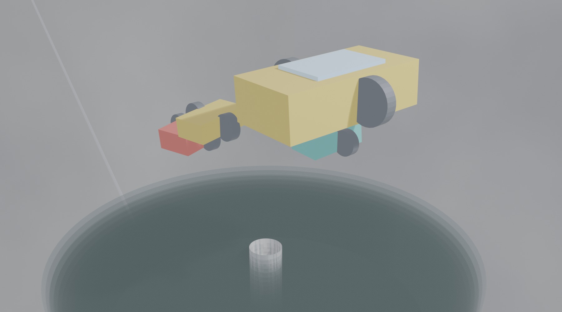 Conceptual Blender render of transit craft loitering around a gravity tube with semi-transparent flow dividers and an access tube