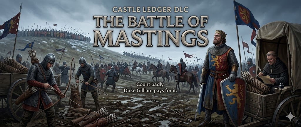 Promotional banner for the Battle of Mastings DLC showing medieval battle chaos and a taunt about Duke Gilliam's arrow count.