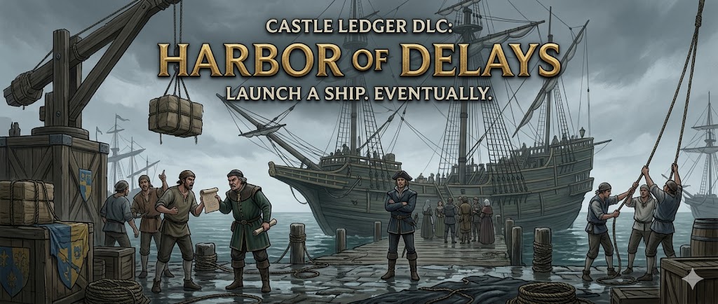Promotional banner for the Harbor of Delays DLC showing crowded docks, ships, and maritime bustle.